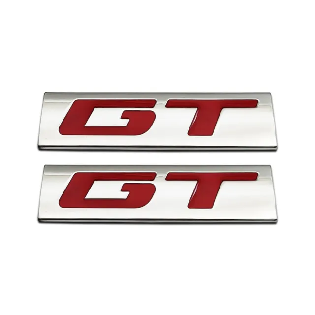 2x Chrome Red Metal GT Letter Logo Grand Tourer Fender Trunk Emblem Badge Decal