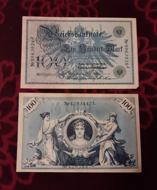 2 Reichsbanknoten 100 Mark von 1908