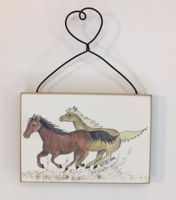 Galloping Horses Small Hangable Ornament Signed HC 1999 Wood Block & Wire