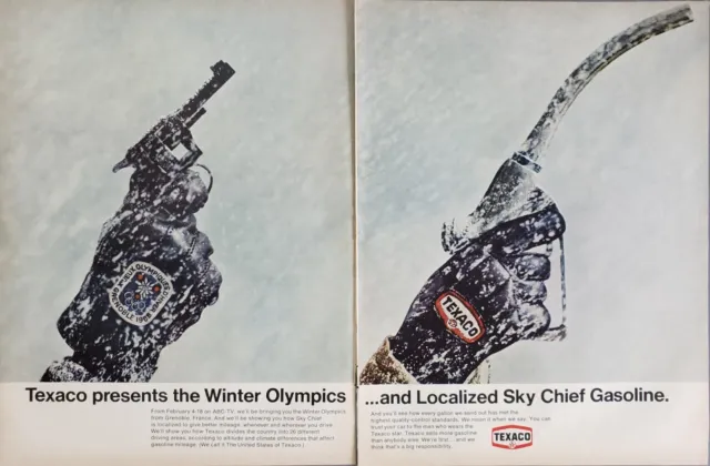 1968 Texaco Sky Chief Gasoline Winter Olympics Snow Storm 2 Page Print Ad