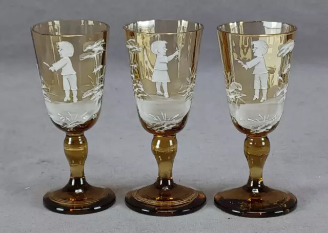 Set of 3 Bohemian Mary Gregory Enameled Children Amber Glass Cordials