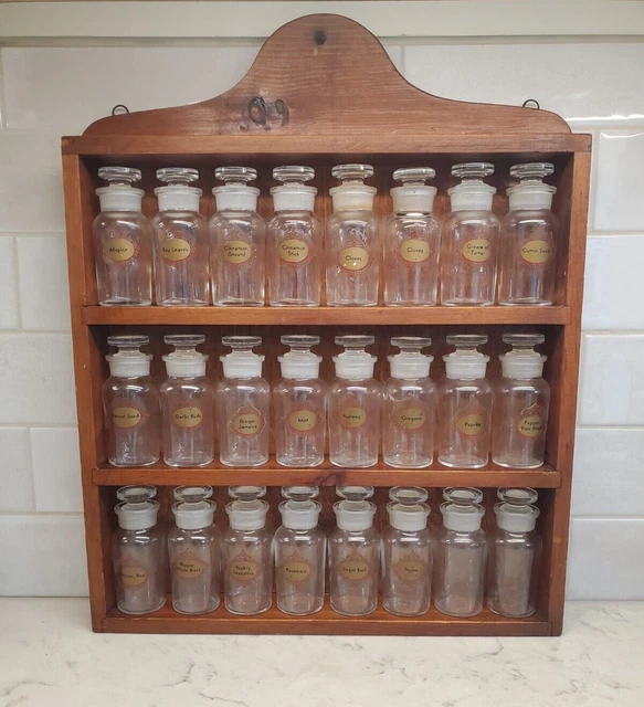 Vintage Wood Spice Rack Set 24 Clear Glass Jars with Labels Cooking Spices USA