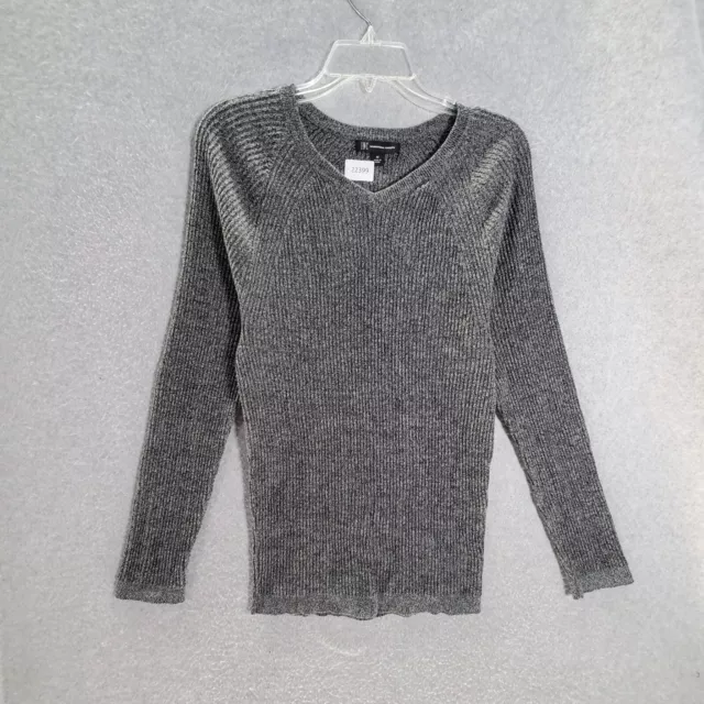 INC International Concepts Women Sweater Medium Gray Ribbed V Neck Pullover