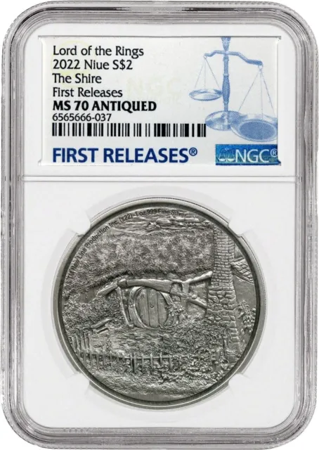 2022 $2 Niue Lord of the Rings The Shire 1 oz .999 Silver NGC MS70 Antiqued FR