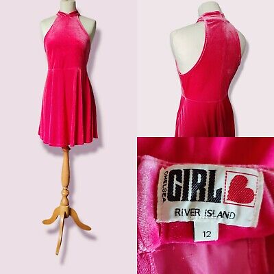 River Island Chelsea Girl UK 12 Bright Neon Pink Velour High Neck Skater Dress