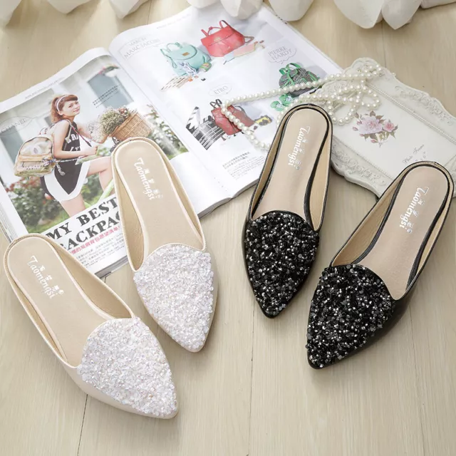 Women's Sequin Pointed Toe Flat Loafers Rhinestones Beaded Slip On Wedding Shoes