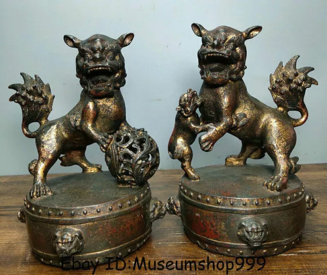 8.8" Old Chinese Bronze Gilt Fengshui Foo Fu Dog Guardion Lion Pair Drum Statue