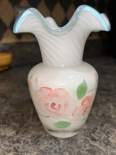 Vintage Fenton glass vase for Teleflora swirl handpainted roses ruffled edge