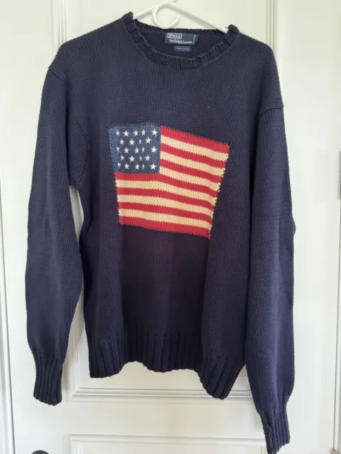VTG  80s 90s Polo Country Ralph Lauren American Flag Med Knit Crewneck Sweater