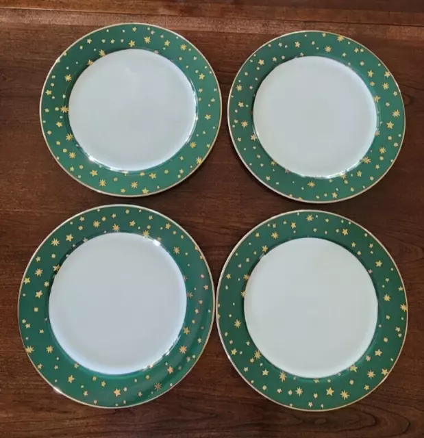 4 Galaxy Green By Sakura Dinner Plates Porcelain Fine China 14k Gold Stars