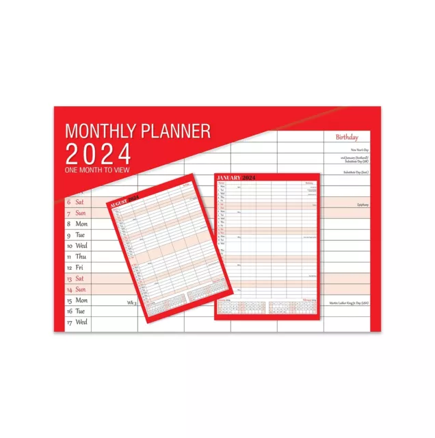 2024 One Month to View Monthly Planner Calendar Wall Hanging Organiser Black/Red