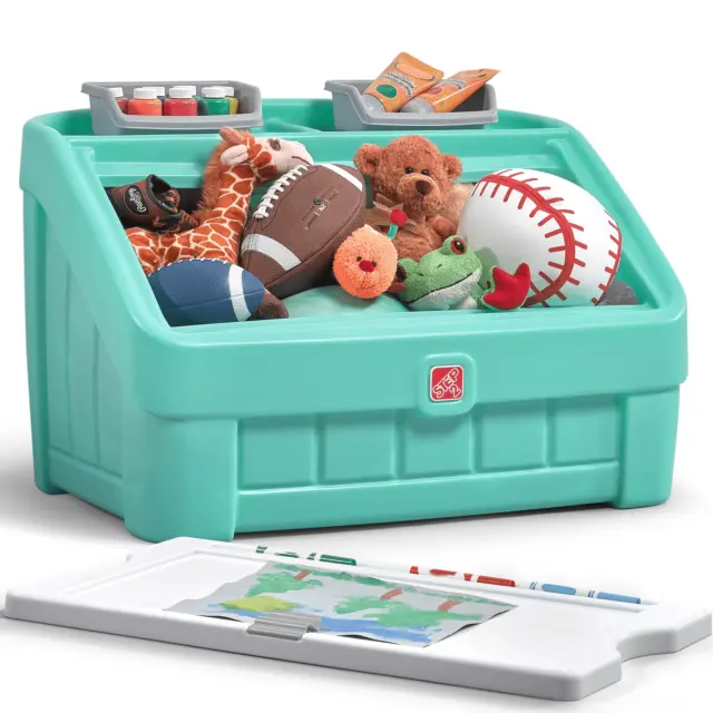 Hot 2-in-1 Plastic Toddler Toy Box & Art Lid, Mint Children's toy storage box
