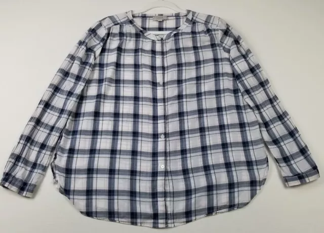 Loft Button Up Shirt Women’s L Large Blue Pink White Plaid Crewneck Long Sleeves