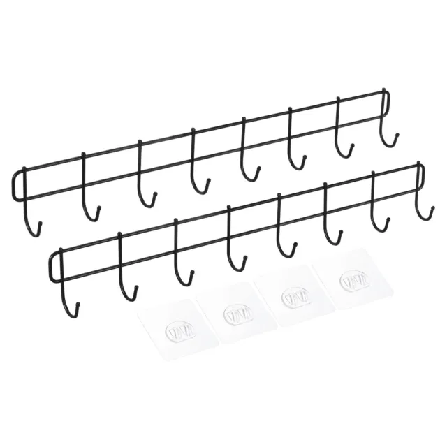 Wall Hook Rack No Drilling Wall Mounted with 8 Hooks Stickers Hanger Black 2Pcs