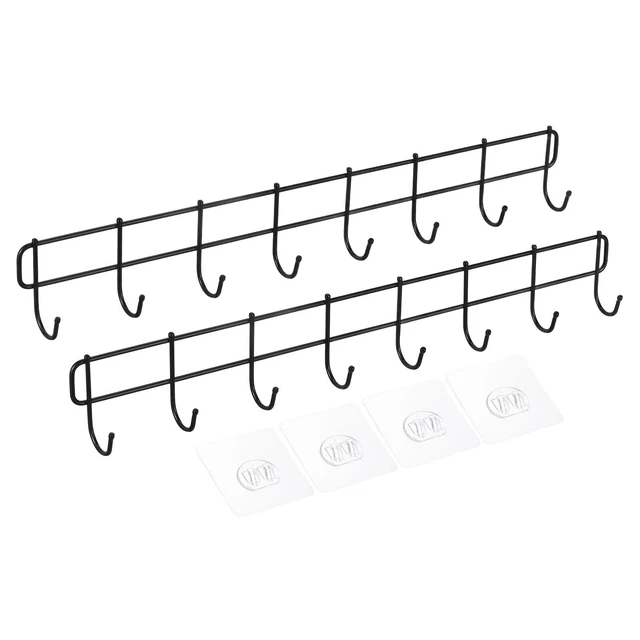 Wall Hook Rack No Drilling Wall Mounted with 8 Hooks Stickers Hanger Black 2Pcs