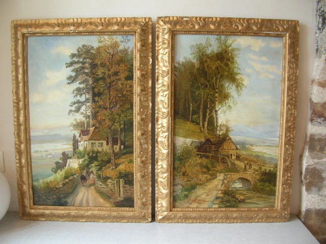PAIRE DE TABLEAUX peinture toile signée Jne AMIARD paysage de campagne