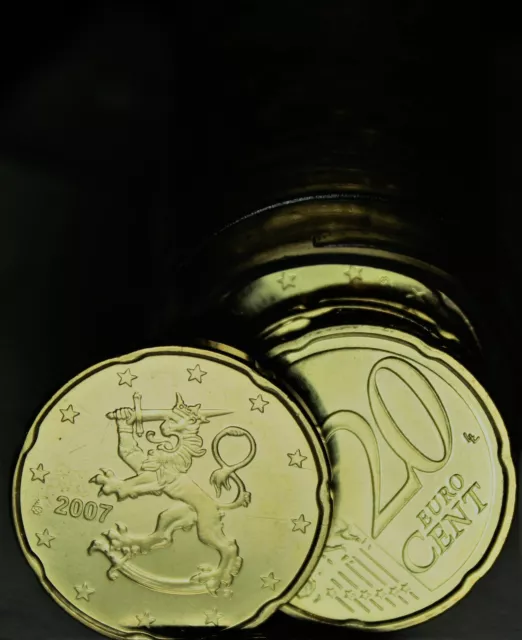 Gem Unc Roll (30) Finland 2007 20 Euro Cent Coins~Rampant Lion~Notched Edge~Fr/S