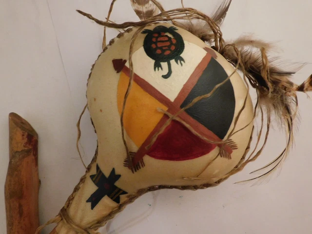 Nice Native American Hand Made Leather Rattle Hand Painted & Stitched Nice Native American Hand Made Leather Rattle Hand Painted & Stitched