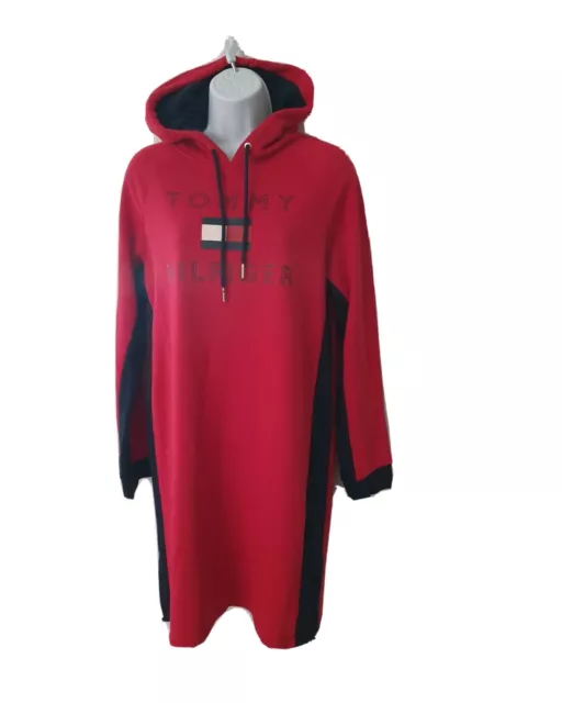 TOMMY HILFIGER women`s Hooded Dress Big Logo Sweatshirt Dress  Black Red S M