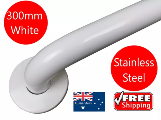 WHITE GRAB BAR 300mm SAFETY RAIL STAINLESS STEEL PULL HAND BATHROOM HANDRAIL