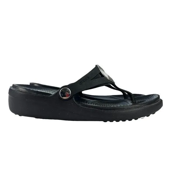 Crocs Sanrah Wedge Sandals Silver Circle Black Flip Flop Slip On Womens Size 7