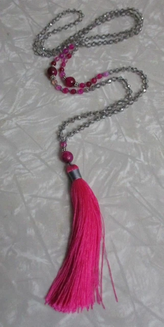 knotted long tassel necklace bohemian Glass beads pink gray