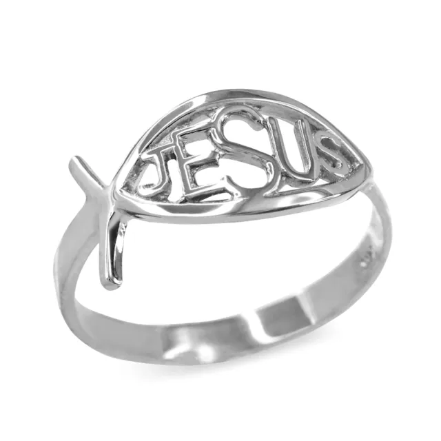 .925 Sterling Silver Christian Open Cut Ichthus Jesus Ring