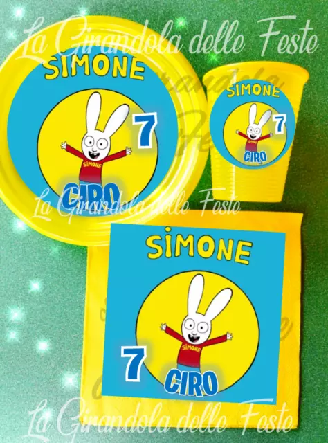 KIT 24pz PIATTI BICCHIERI SIMONE CONIGLIO CARTON NOME Festa Party Tavola ADDOBBI