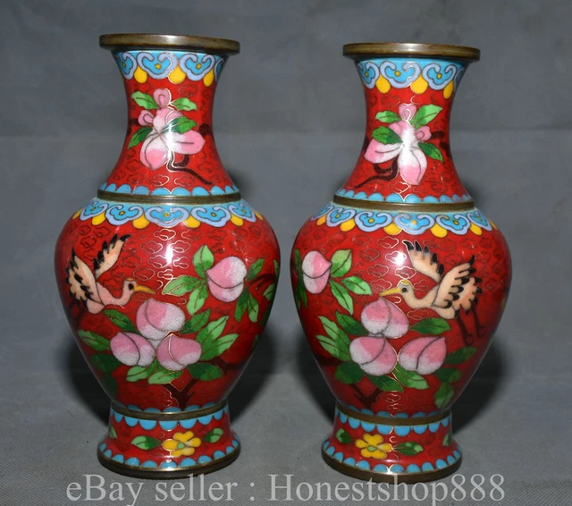 8.6" Marked Old Chinese Bronze Cloisonne Dynasty Flower Cranes Bottle Vase Pair