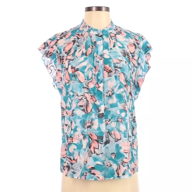 Rebecca Taylor Blue Aloha Teal Pink Floral Silk Top Size 4 NWT