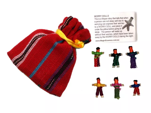 Worry Doll - 6 X MINI WORRY DOLLS in TEXTILE BAG - Red