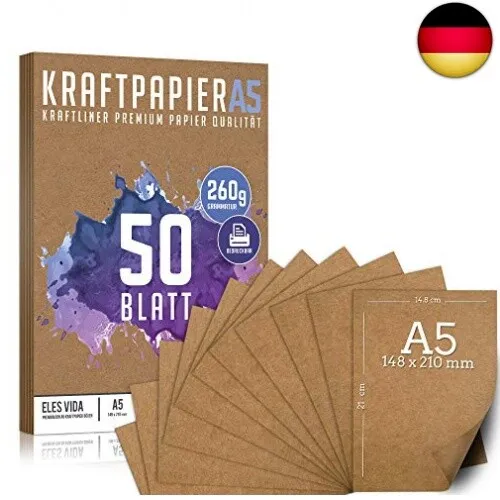 50 Blatt Kraftpapier A5 Set - 260 g - 14,8 x 21 cm - DIN Format - Bastelpapier