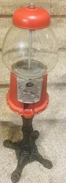 Vintage Cast Iron Bubblegum Machine Black Base Original Glass Top Leaf Design