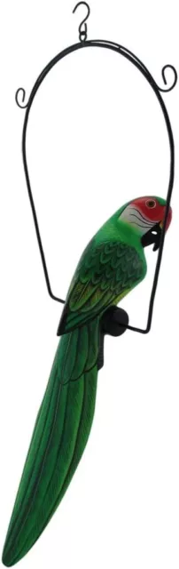 25" Wood Green Parrot Hanging Perch Carving Painting Head Art African Tropical