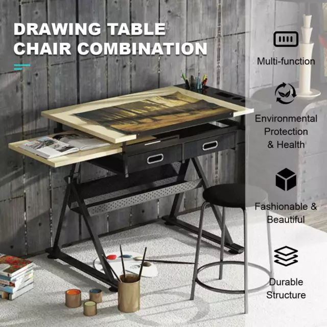 Drawing Desk Stool Set Drafting Table Art Desks Adjustable Tilt Drawers Craft AU