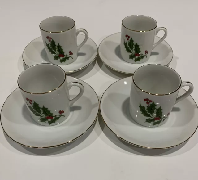 Vintage R.H Macy & Co. Christmas Holly 1984 Demitasse Cups & Saucers, Set of 4