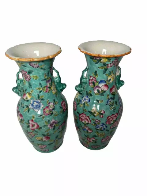 Chinese Turquoise Ground Famille Rose Porcelain Vase Pair Signed