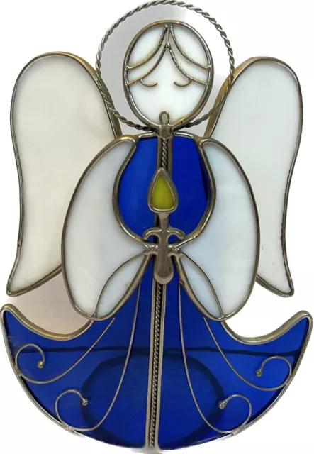 Vintage Blue Stained Glass Angel Votive Candle Holder Tea Light