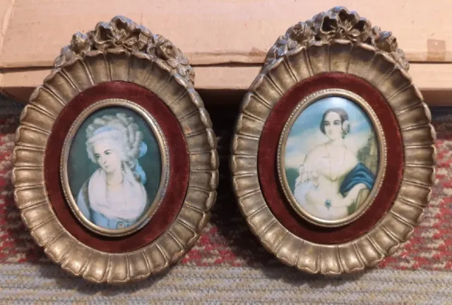 Very Beautiful Pair Vintage Victorian Women in Gold Ornate Wood Wooden Frames