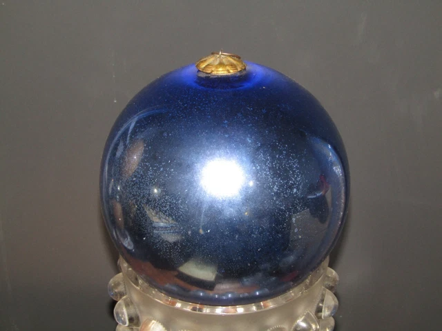 ANCIENNE GROSSE BOULE de Pardon ou Noël Verre Eglomisé Bleu Epoque Fin