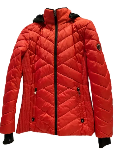 NAUTICA Women Puffy Coat Small Red/Black Hood Front Zip/Zip Pockets Faux Fur