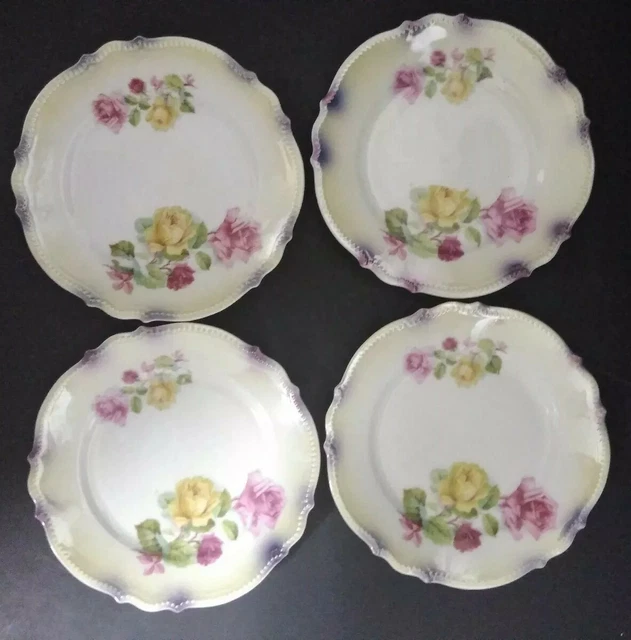 4x PK Silesia China 6.25" Bread & Butter Plates PINK & YELLOW ROSES, SCALLOPED