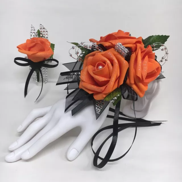 Glamour Triple Orange Foam Rose on Black  Prom Corsage & Boutonniere Combo