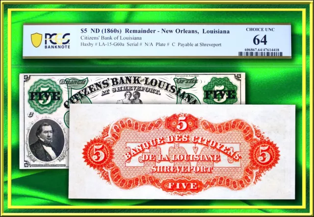 Louisiana Shreveport Citizens Bank $5 US Obsolete Currency Civil War PCGS 64