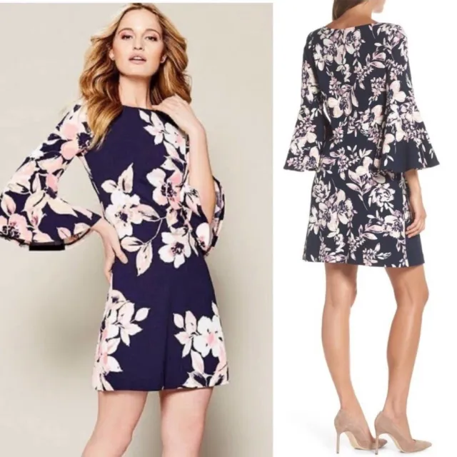 Eliza J Floral Bell Sleeve Shift Dress Navy Blue Size 8