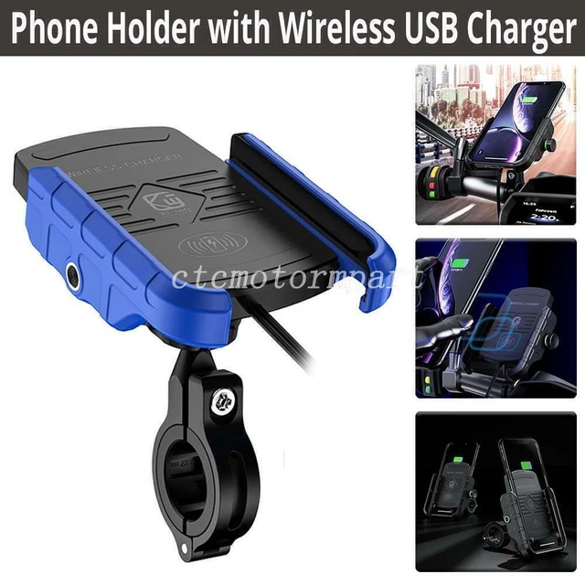 Motorcycle Holder Mount Clamps with Wireless Charger for Cell Phone GPS Blue