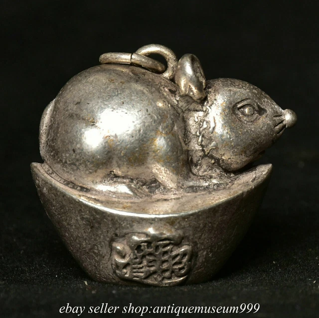 1.4" Old Chinese Silver Fengshui 12 Zodiac Year Mouse Yuan Bao Statue Pendant