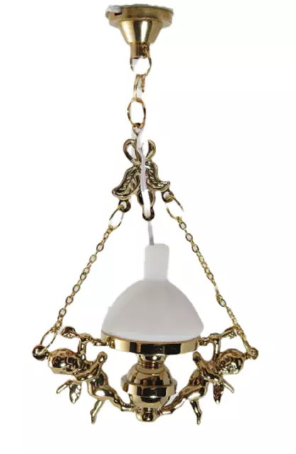 Dolls House Cherub Hanging Oil Lamp White Shade 12V Electric Cupid Ceiling Light