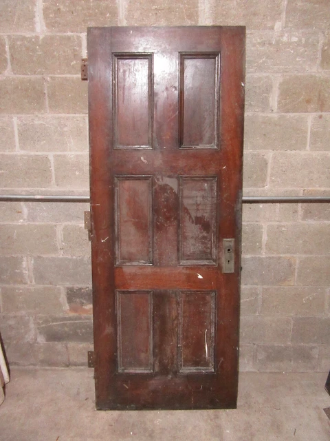 ~ ANTIQUE OAK 6 PANEL DOOR WITH HARDWARE X ~ 32 x 81.5 ARCHITECTURAL SALVAGE