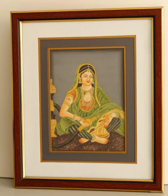 Miniatura Retrato Pintura De Mogol Emperatriz Jodha Bai En Seda Tela con Marco
